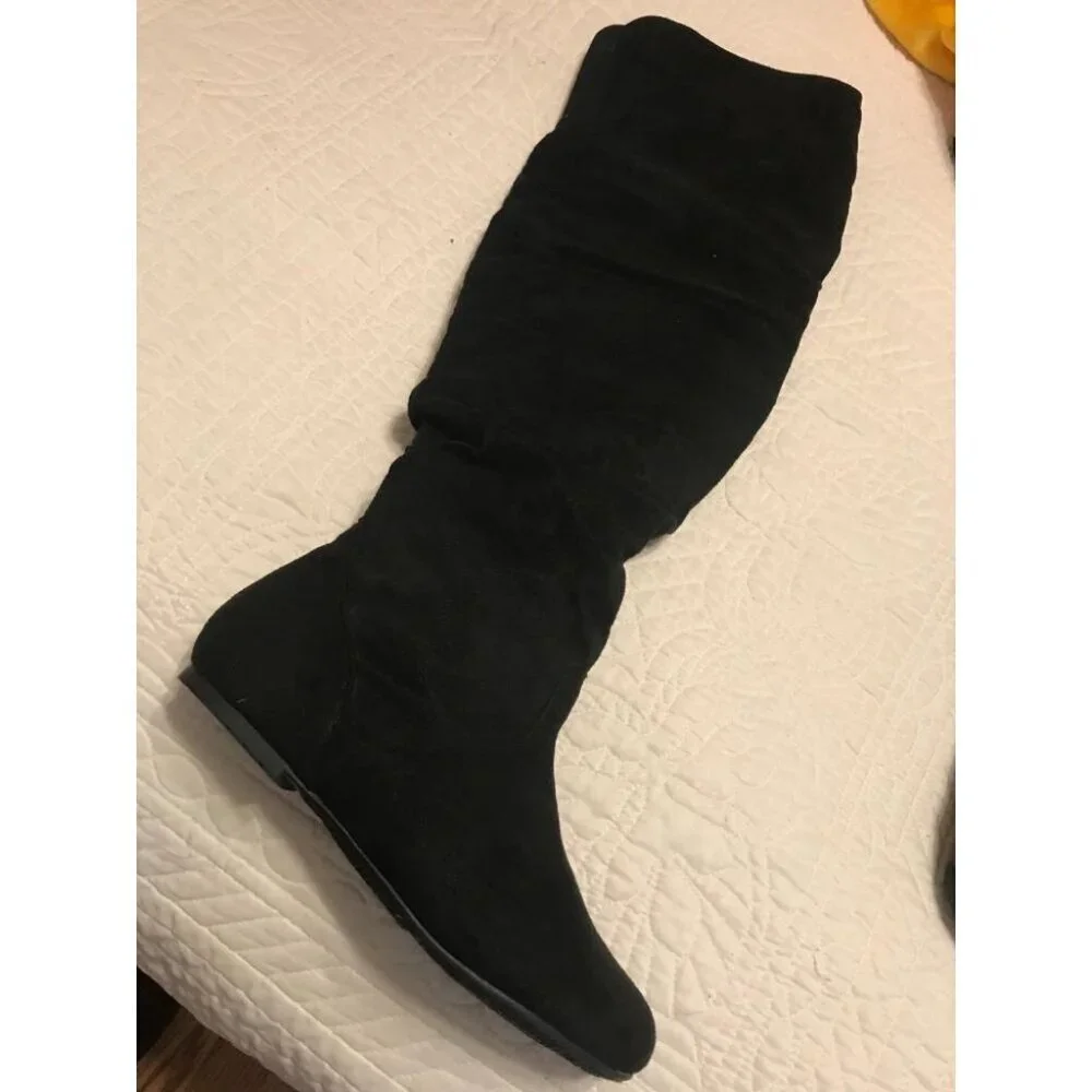 🆕Women's Black Polyurethane (PU) Knee High Pointed Toe Low Heel Western Boots